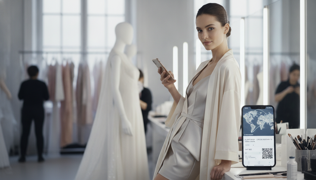 Model prüft Reiseunterlagen für Auslandsjob backstage bei einer Modenschau