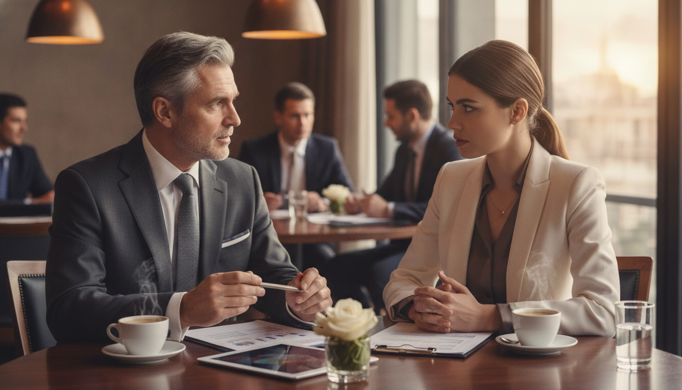 Mann und Frau besprechen finanzielle Bedingungen an einem eleganten Restauranttisch