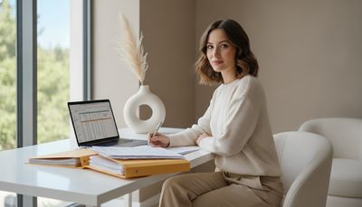 Model sortiert internationale Gagenabrechnungen und Belege am Schreibtisch